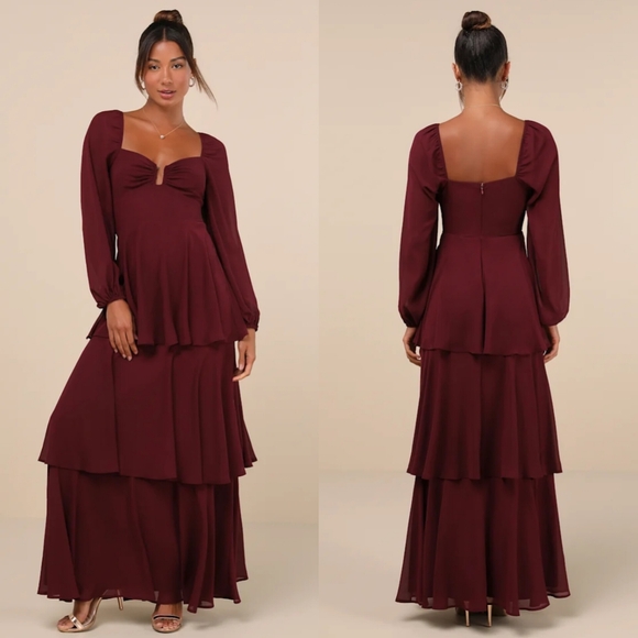 Lulus Tier to Enchant Burgundy Long Sleeve Tiered Maxi Dress M Wedding  Party NWT - mordernwear.com
